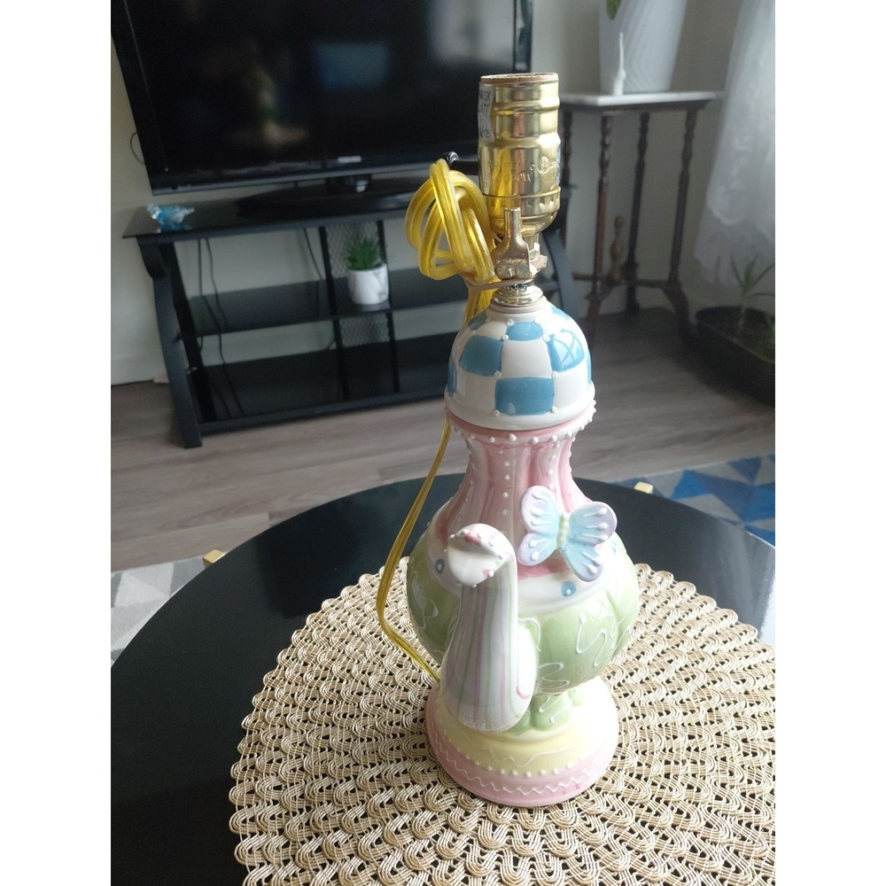 Whimsical Teapot Table Lamp Pastel Colors Butterfly Ceramic Artsy - Picture 3 of 8
